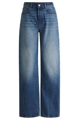 hugo straight-fit wide-leg jeans in blue cotton denim - blue women's pants