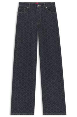 hugo super-wide-leg jeans in geometric-print denim - dark blue women's pants