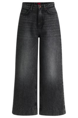 hugo wide-leg jeans in black rigid denim - black women's pants