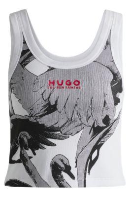 hugo x les benjamins vest in stretch cotton with swan print- white women's casual tops