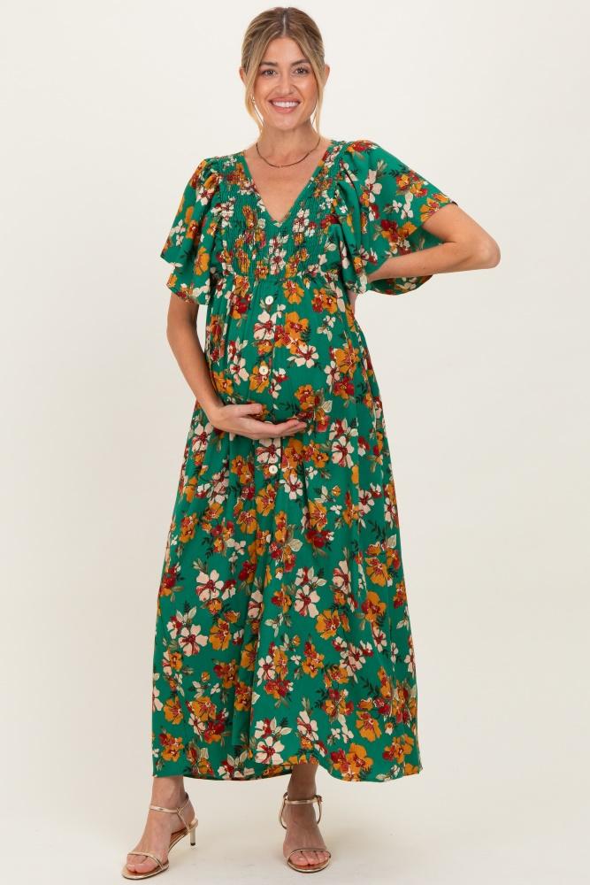 hunter green fall floral short sleeve v-neck maternity maxi dress