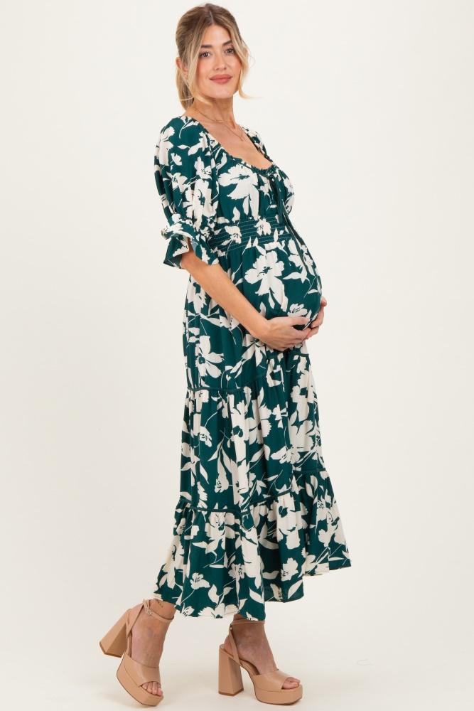 hunter green floral short sleeve square neck tiered maternity maxi dress