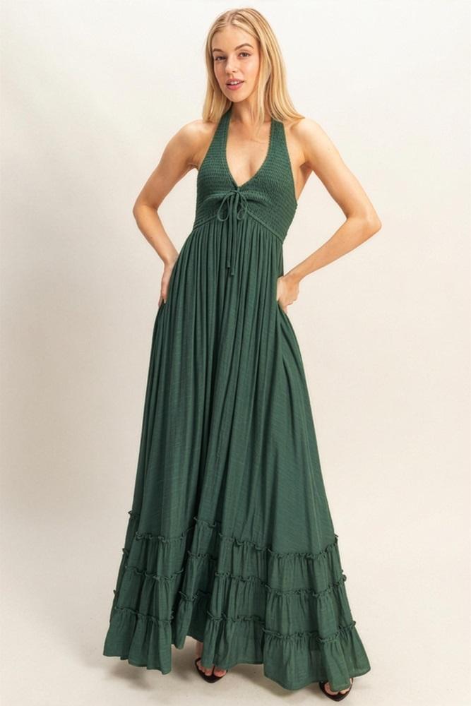 hunter green halter neck smocked maxi dress