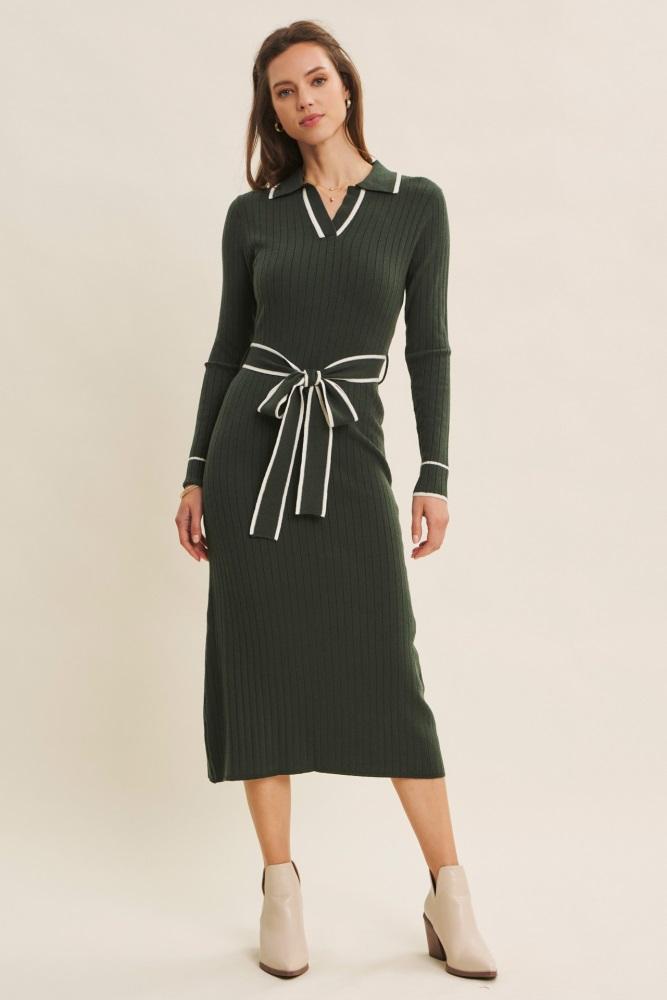 hunter green soft stretchy rib fitted sweater midi dress