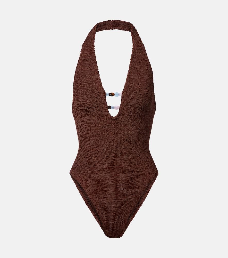 hunza g adriana embellished halterneck swimsuit