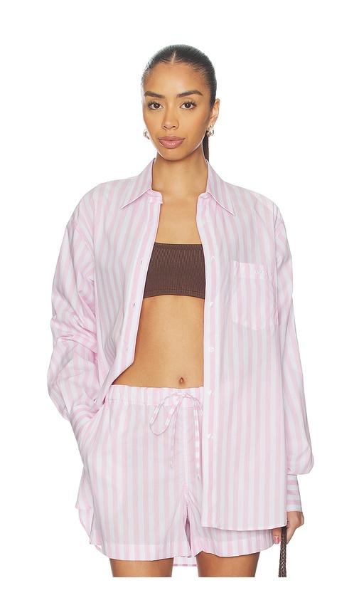 hunza g cabana stripe embroidered shirt in pink,white.