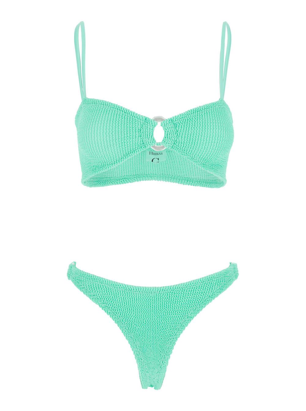 hunza g misty green bikini with fixed spaghetti straps and cut-out with ring in tech fabric stretch woman