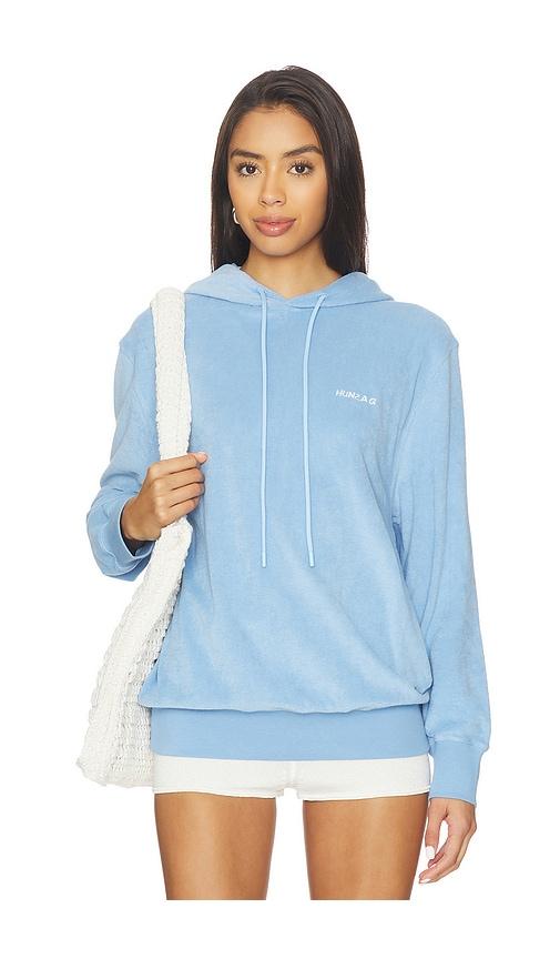 hunza g towelling embroidered hoodie in baby blue.