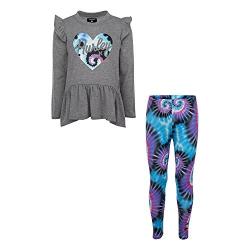 hurley baby girls' long sleeve top and leggings 2-piece outfit set, grey/tie dye, 3t