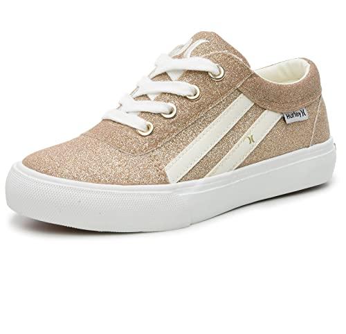 hurley boardy lace-up skateboard shoe - low top lace-up sneaker - fashionable skater shoe for boys & girls - lightweight classic casual kids skates gold glitter