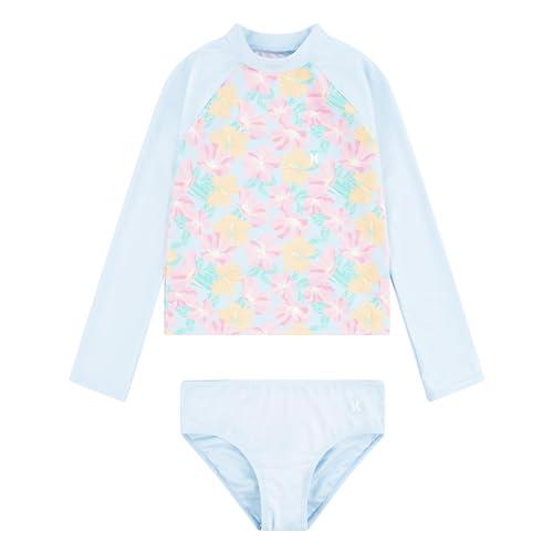 hurley girls long sleeve rash guard 2-piece swimsuit, blue ice/floral, 8