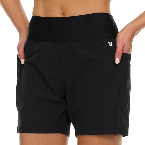 hurley high waisted swim shorts women, 5" board shorts with pockets & inner liner, quick dry bathing suit swim trunk, upf 50+ black