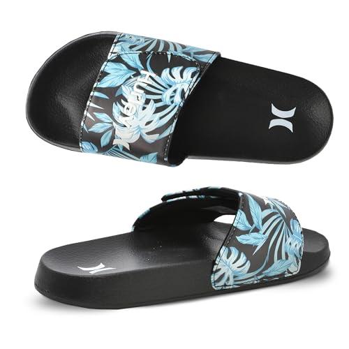 hurley naia slides for girls and boys, slip-on kids slippers with adjustable strap, kid's sandals for indoor and outdoor, adjustable sporty slides for kids, eva footbed shower slides, black /royal floral, 4