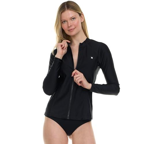 hurley rash guard for women full zip, zip up long sleeve swim shirts for women, surfing top upf 50+ spf sun & uv protection black