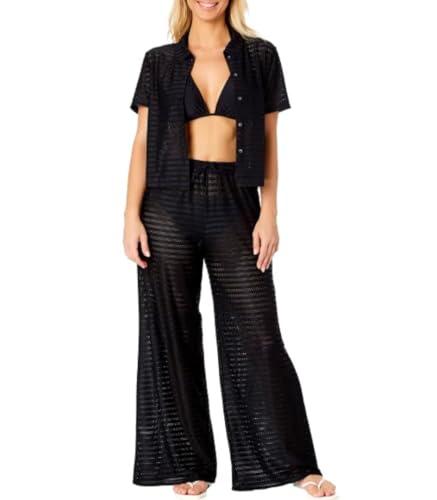 hurley women's 2 piece crochet swim cover up set, short sleeve top and pant (black, medium)