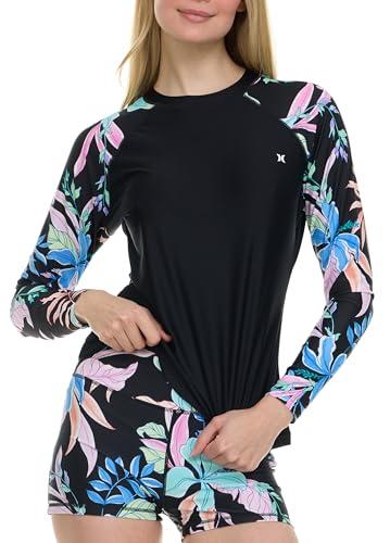 hurley womens two piece rash guard & swim shorts, long sleeve swim shirt, quick dry swimsuits upf 50+ spf sun & uv protection black multi