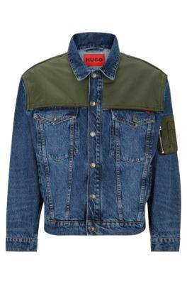hybrid relaxed-fit jacket in blue rigid denim- dark blue men's casual jackets