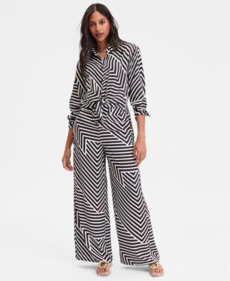 i.n.c. international concepts long sleeve striped button front shirt wide leg pants