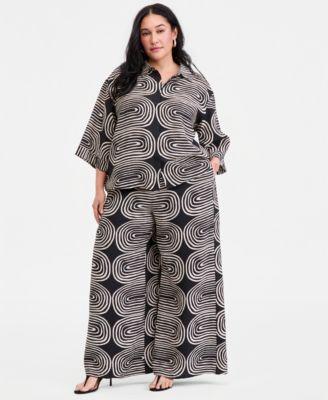 i.n.c. international concepts plus size printed 3 4 sleeve button front shirt printed high rise wide leg pants macys exclusive