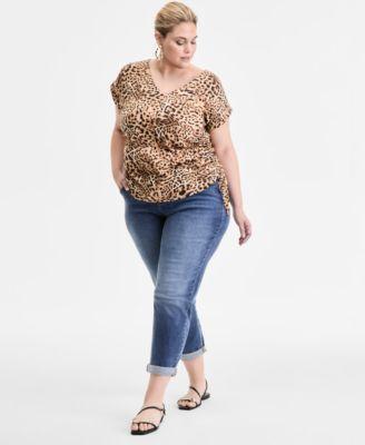 i.n.c. international concepts plus size printed side tie v neck top slim tech rolled cuff boyfriend jeans exclusively at macys