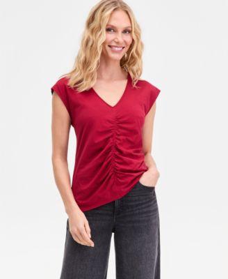 i.n.c. international concepts womens cap sleeve ruched cotton v neck t shirt macys exclusive
