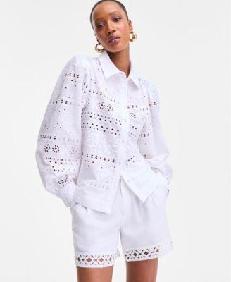 i.n.c. international concepts womens cotton eyelet blouson sleeve blouse p xs 3x exclusively at macys