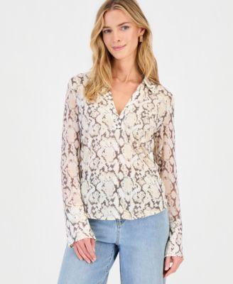i.n.c. international concepts womens long sleeve printed mesh collared top macys exclusive