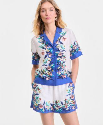 i.n.c. international concepts womens printed short sleeve button front top drawstring shorts macys exclusive