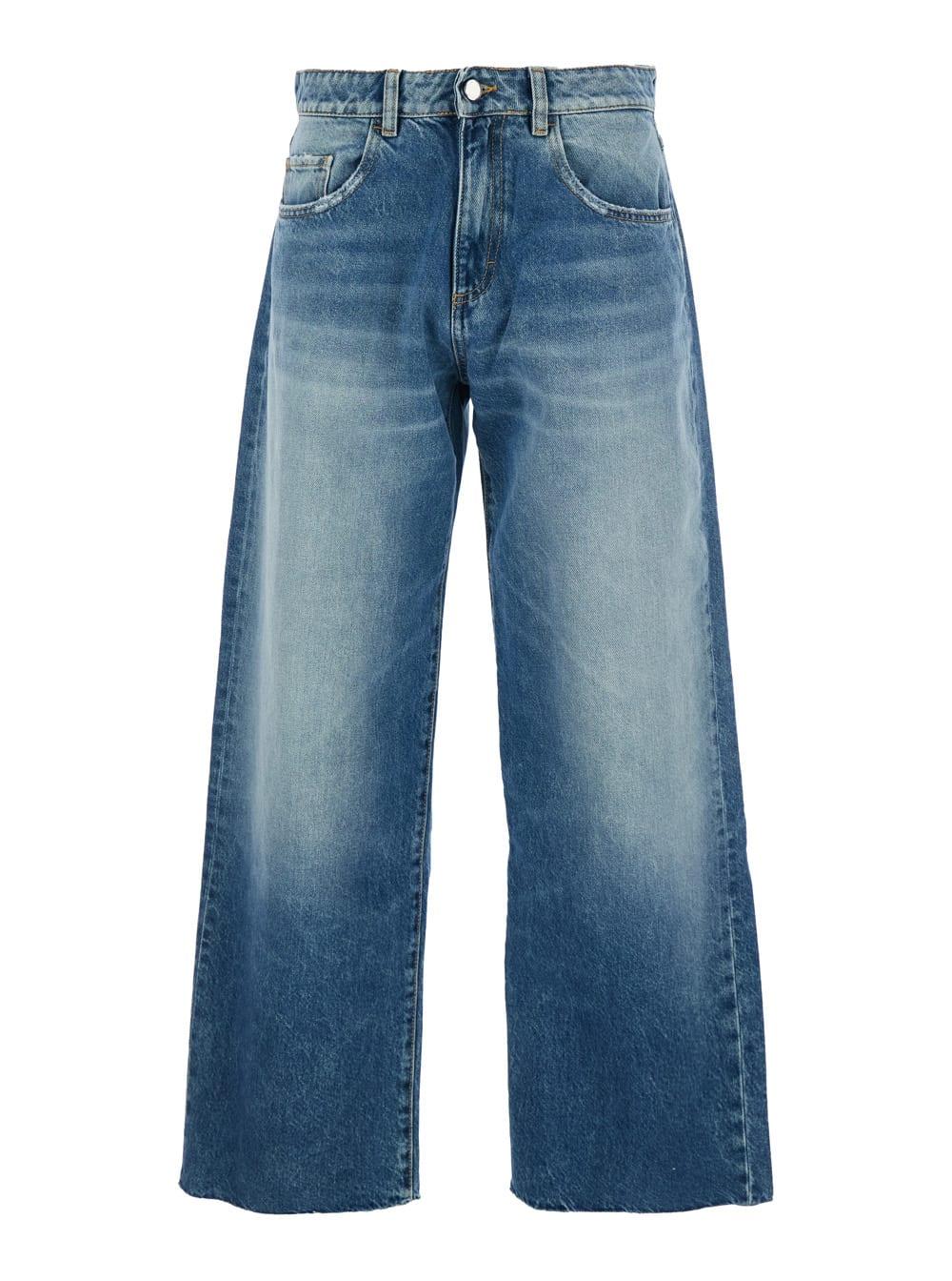 icon denim bea blue jeans with wide leg and logo patch on the rear in denim woman