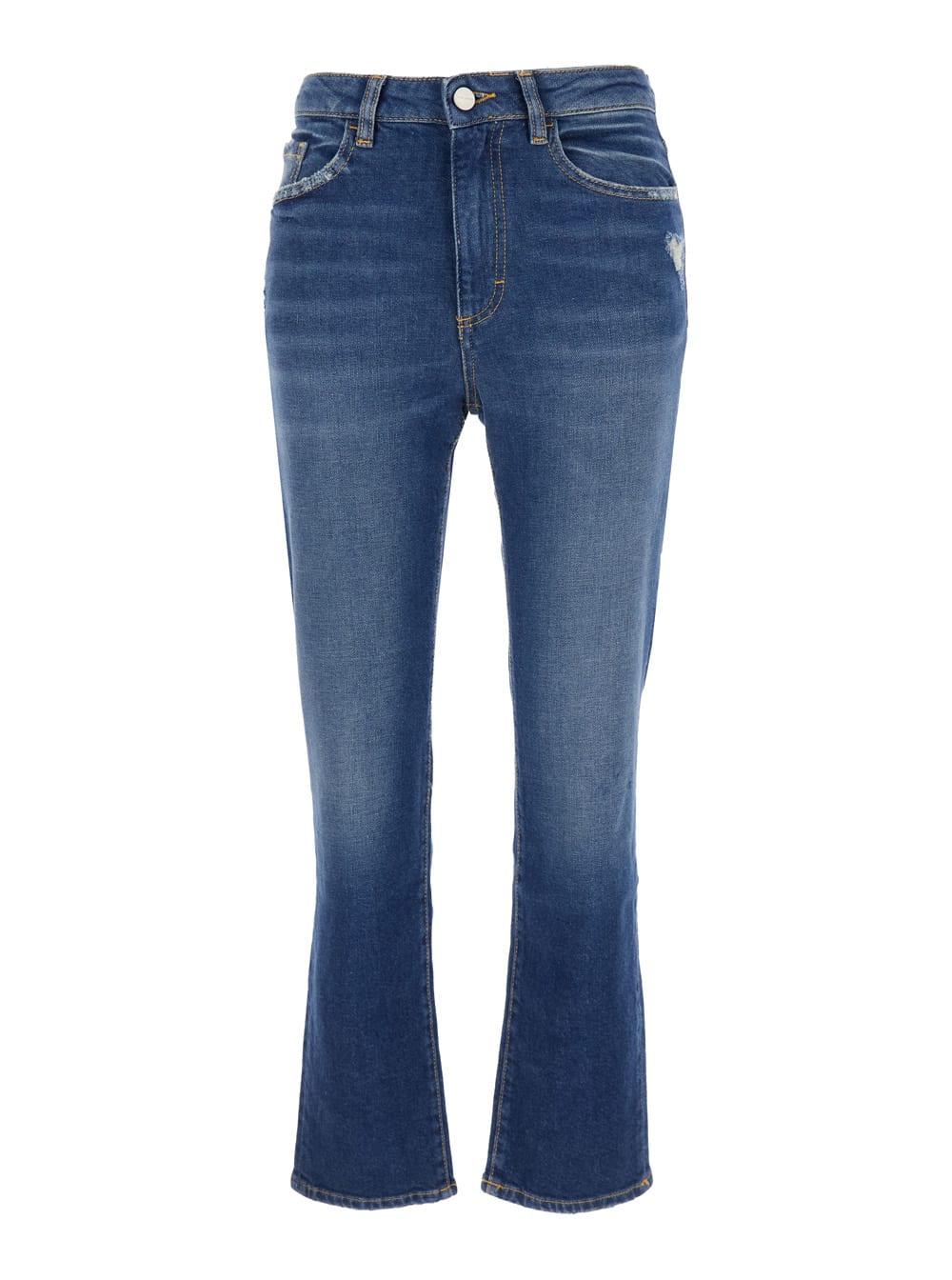 icon denim blue flared jeans with logo patch on the rear and logo detail on the rear in denim woman