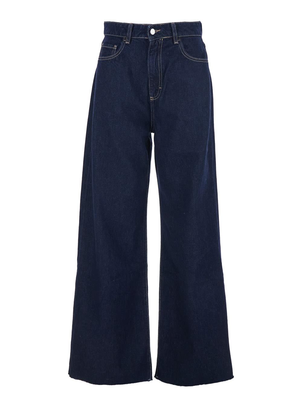 icon denim debby blue jeans with wide leg and logo patch on the rear in denim woman