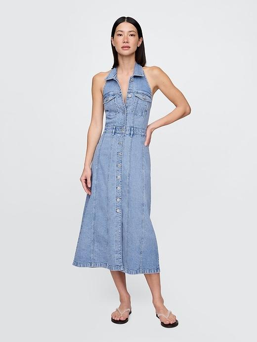 icon denim halter midi dress