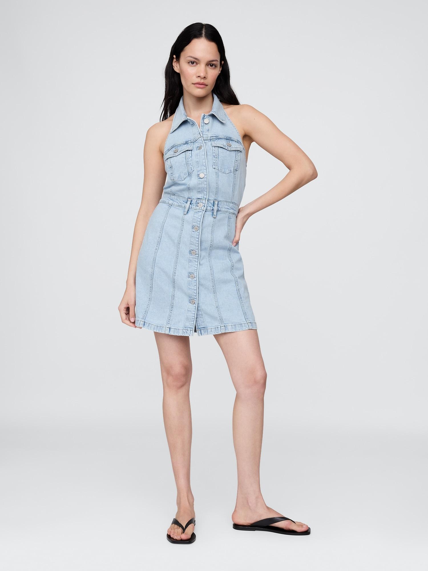 icon denim halter mini dress