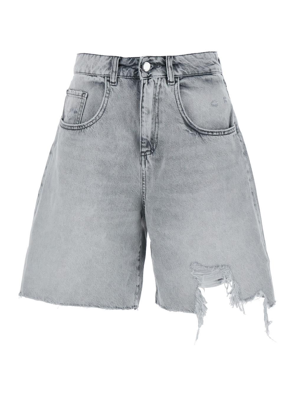 icon denim lea grey bermuda pants with front ripped details and logo patch on the rear in denim woman