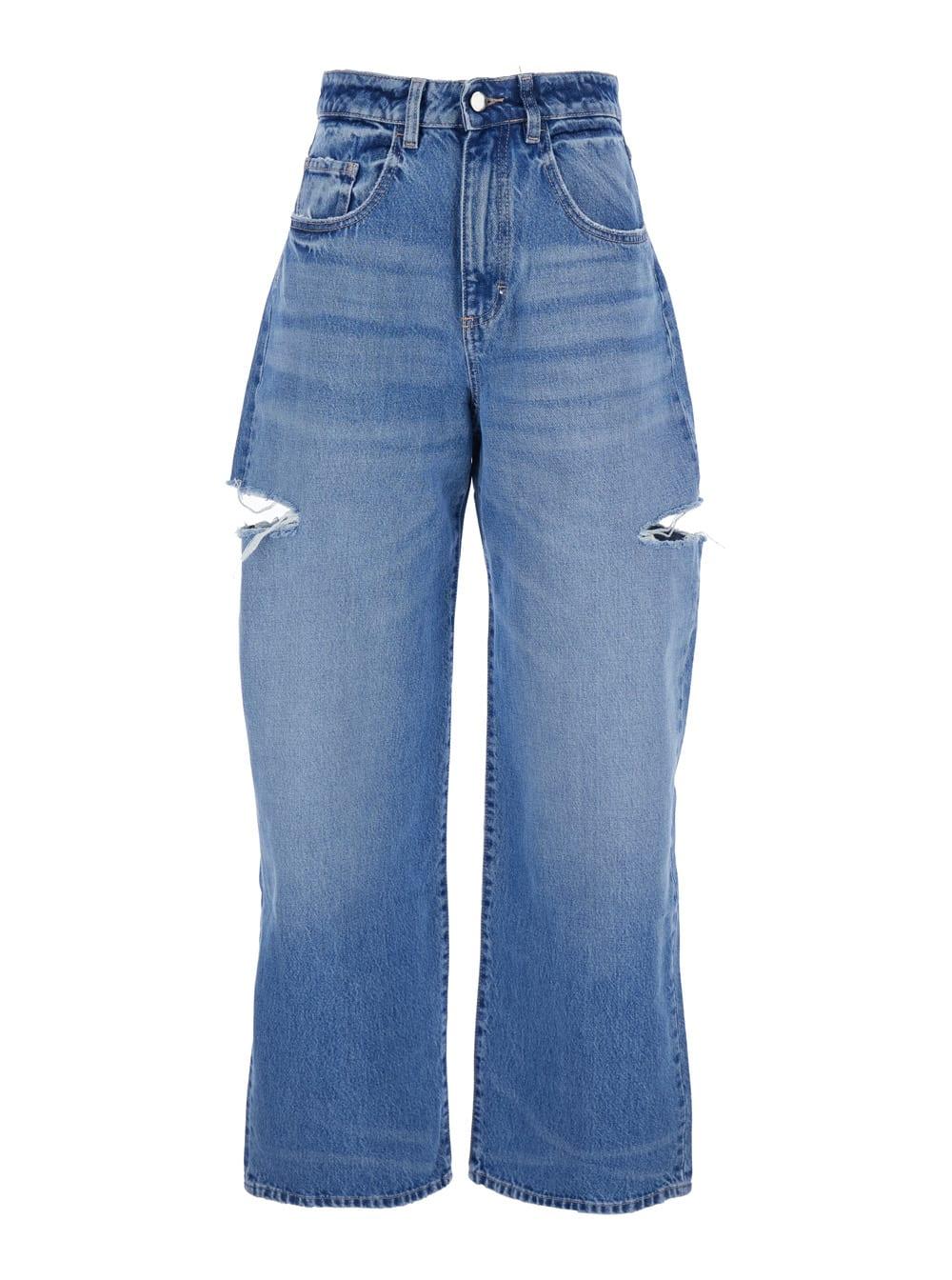 icon denim poppy blue jeans with logo patch on the rear and ripped details in denim woman