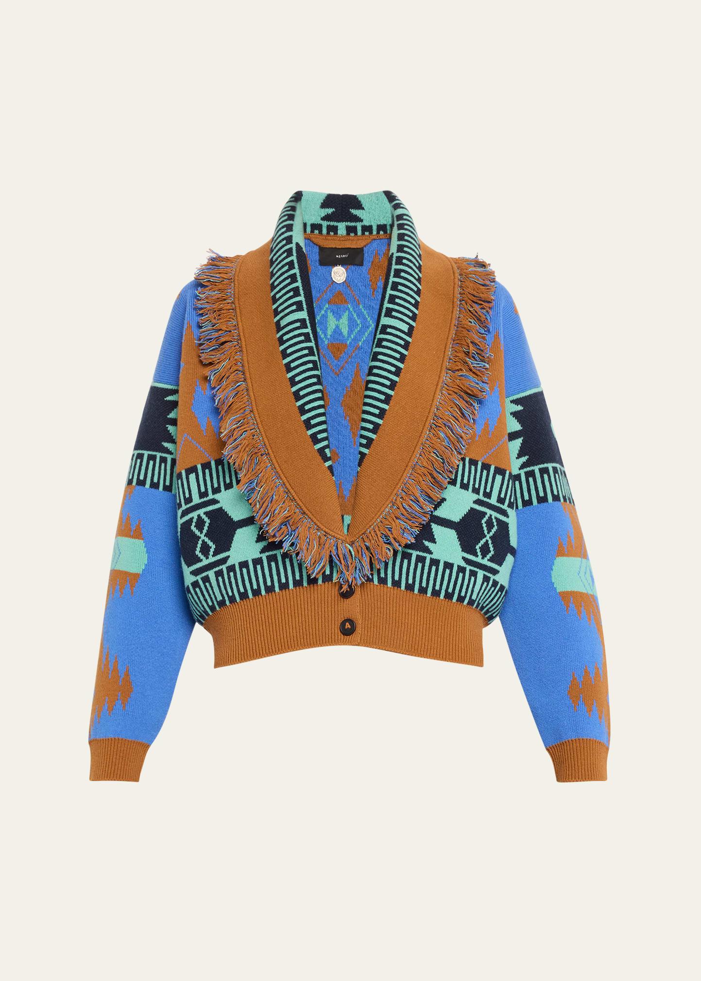 icon jacquard fringe wool cashmere bomber cardigan