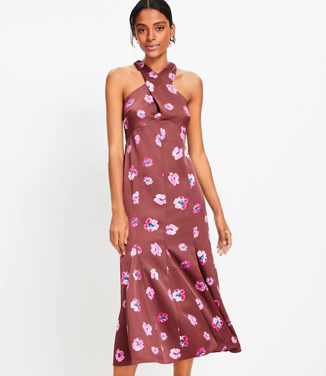 ikat buttercup satin godet halter midi dress