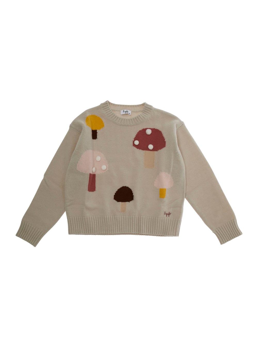 il gufo beige crew neck sweater with front embroidery in wool girl