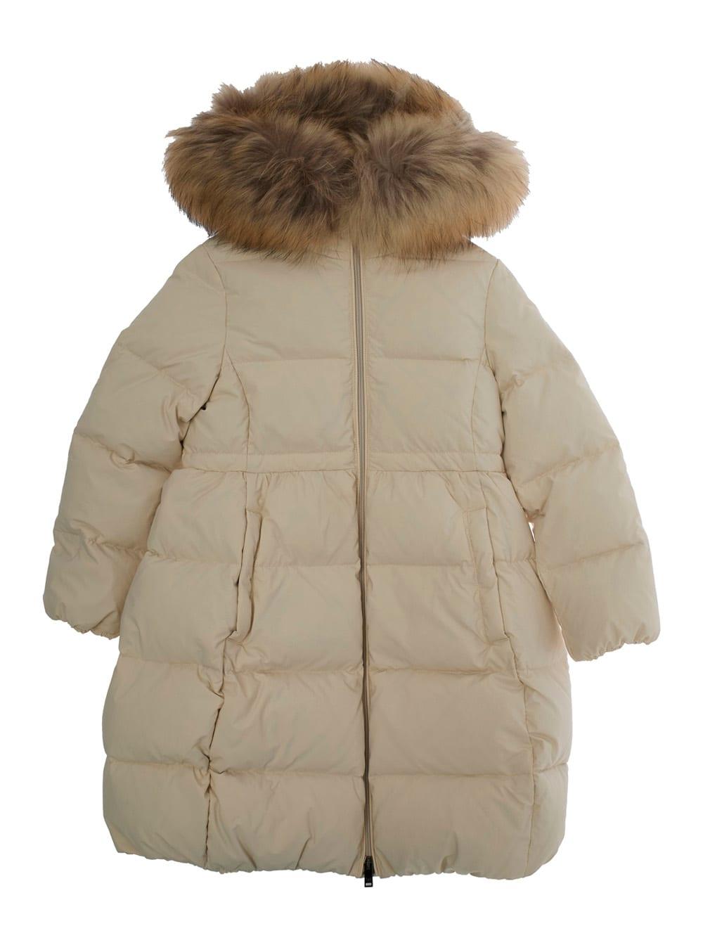 il gufo beige down jacket with fixed hood and logo lettering embroidery on the sleeve in tech fabric girl