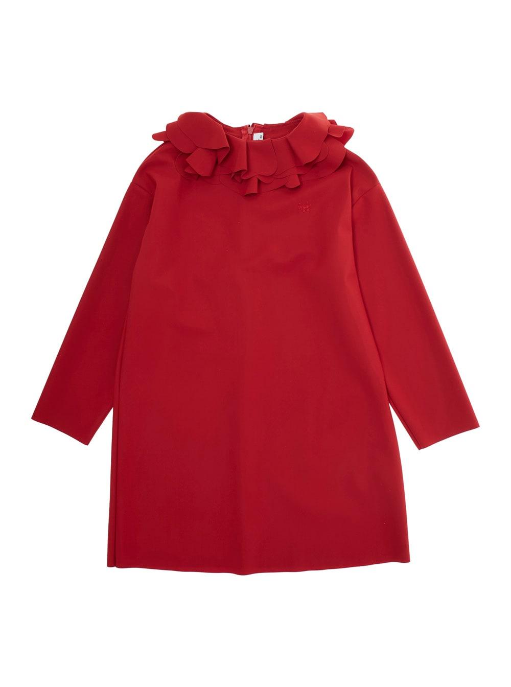 il gufo red dress with ruched crewneck and logo embroidery on the front in tech fabric stretch girl