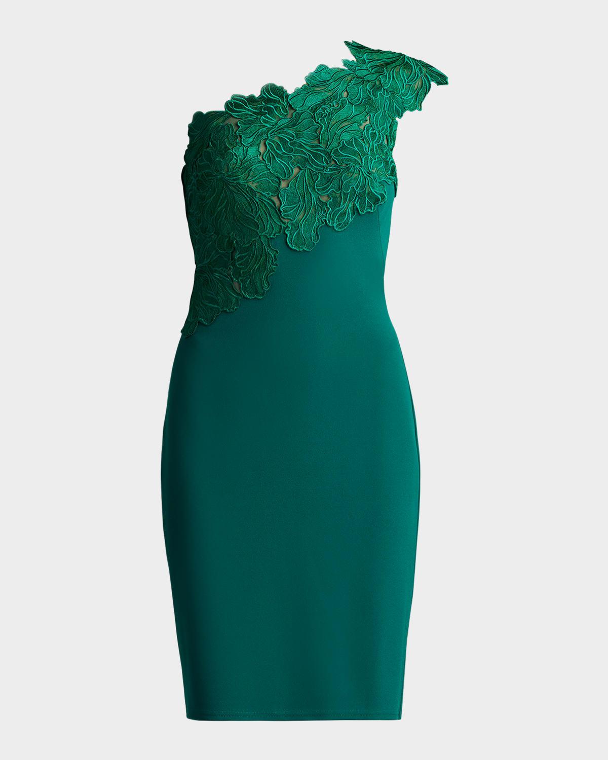 illusion asymmetric lace crepe dress