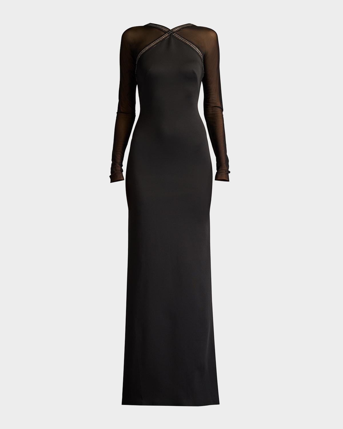 illusion-sleeve neoprene column gown