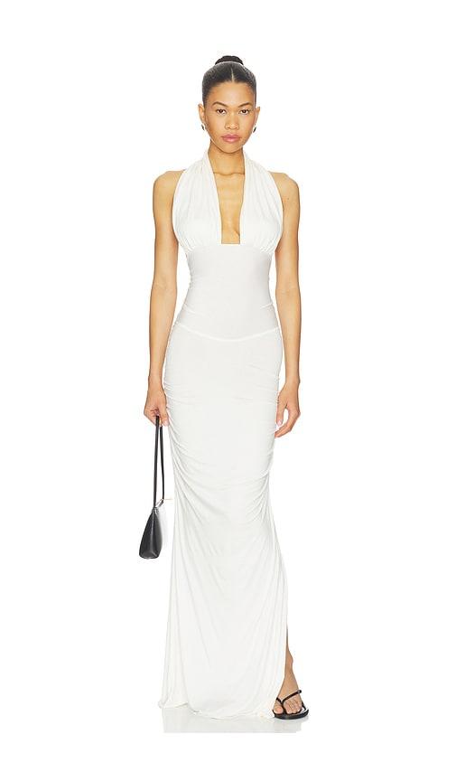 indah amanda solid halter maxi dress in ivory.