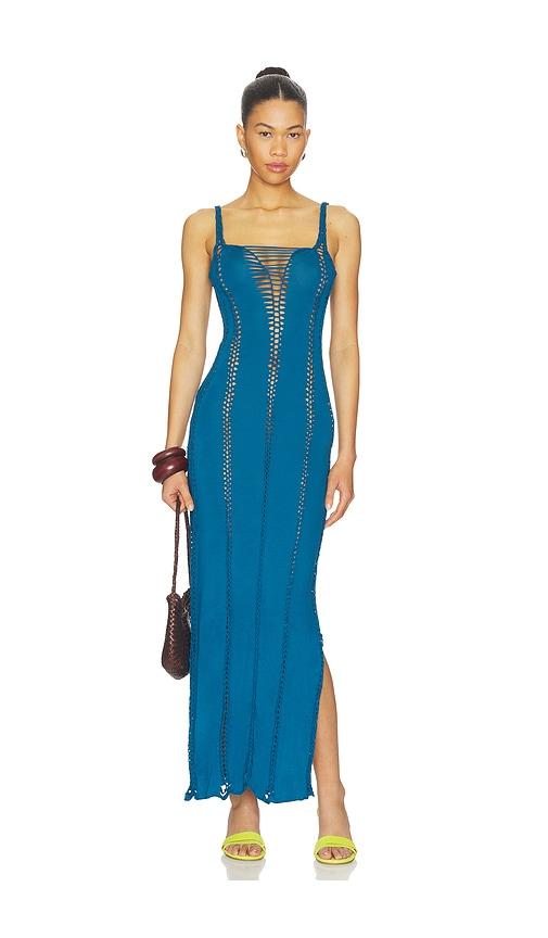 indah soren solid maxi slash dress with macrame trim in blue.