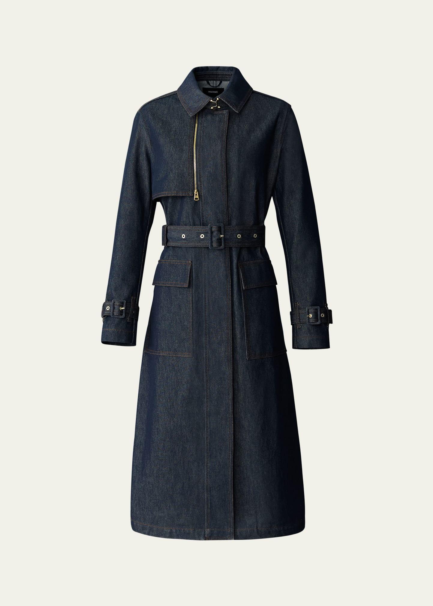 india belted denim trench coat