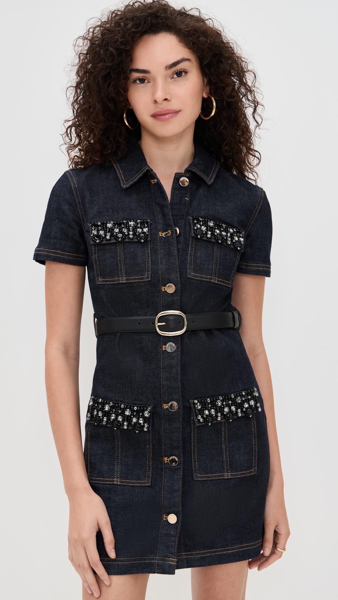 indigo denim crystal trim mini dress