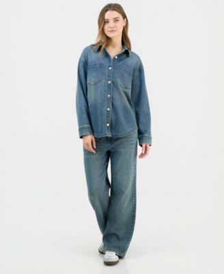 indigo rein juniors denim button up shirt wide leg jeans