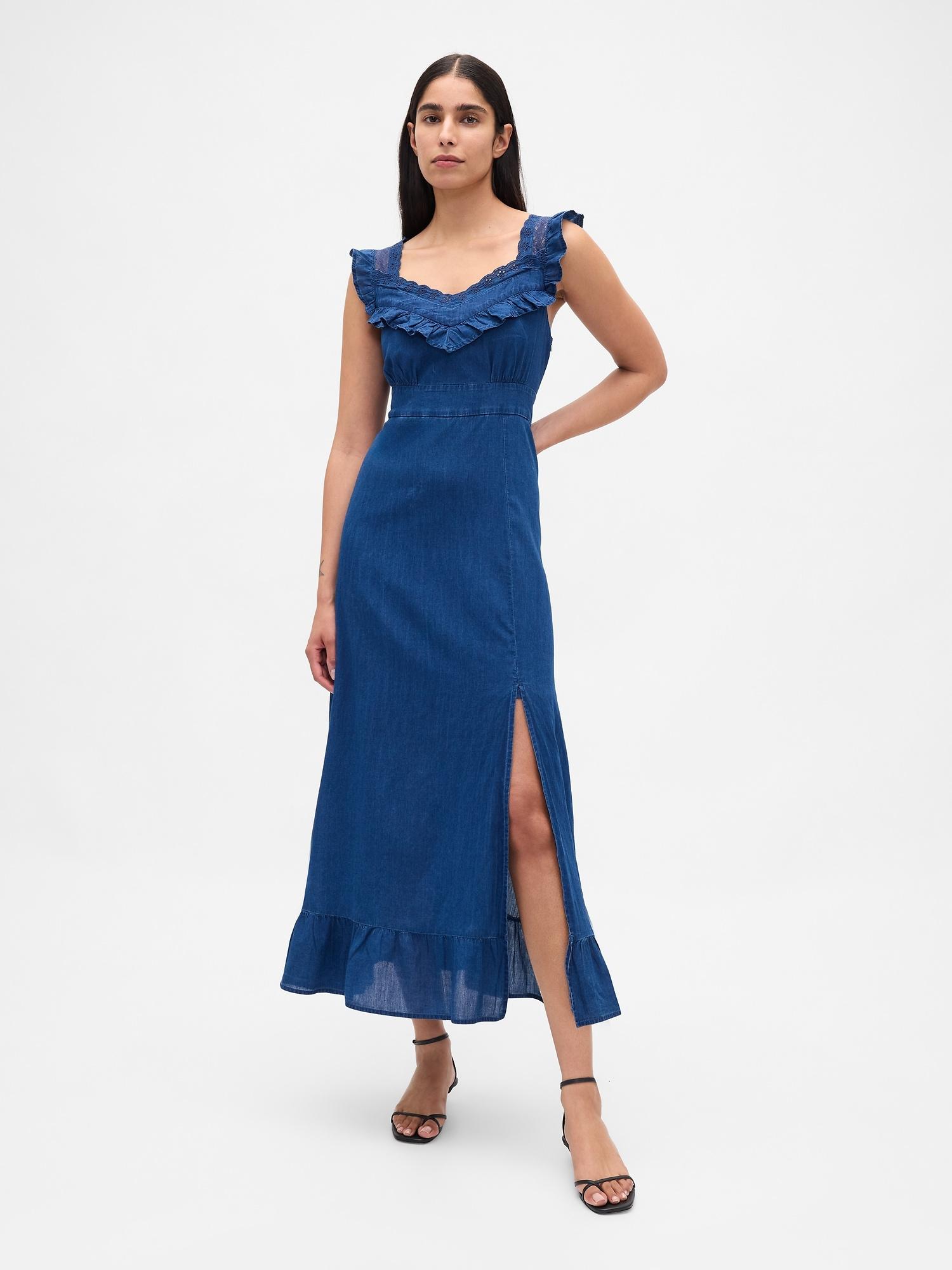 indigo ruffle-trim maxi dress