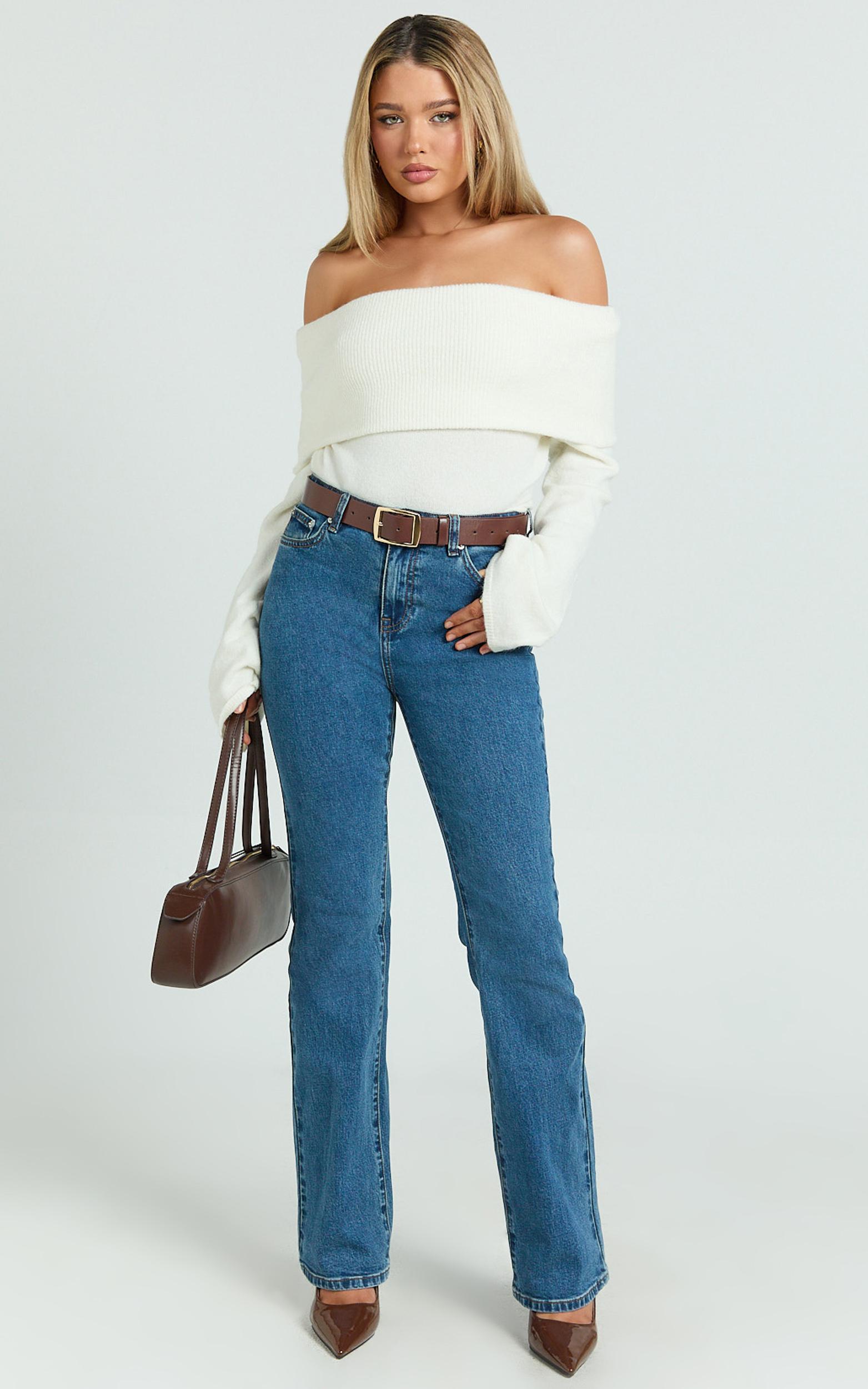 inez jeans - mid rise slim straight bootcut jeans in dark blue wash