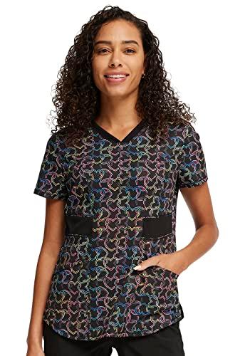 infinity contemporary women's v-neck print scrub top with 2 pockets, back princess seams, shirttail hem & side vents ck771, s, links of love